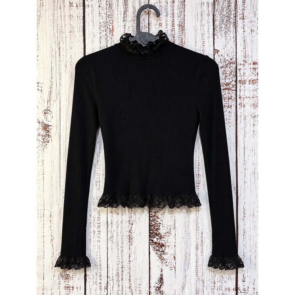 Zara Black Ribbed Knit Lace Trim Mock Neck Top Small Long Sleeve Sweater